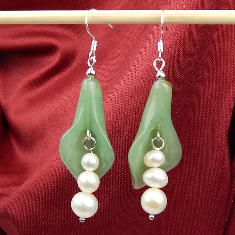 Hand Carved Green Jade Pearl Flower Earrings 925
